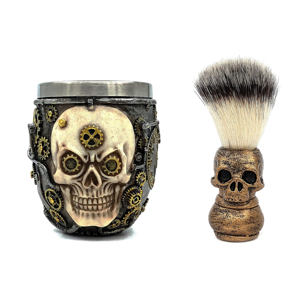 Skull shaving bowl with brush plain color with pattern on top